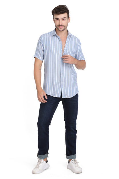 Blue & White Vertical Striped Rayon Shirt
