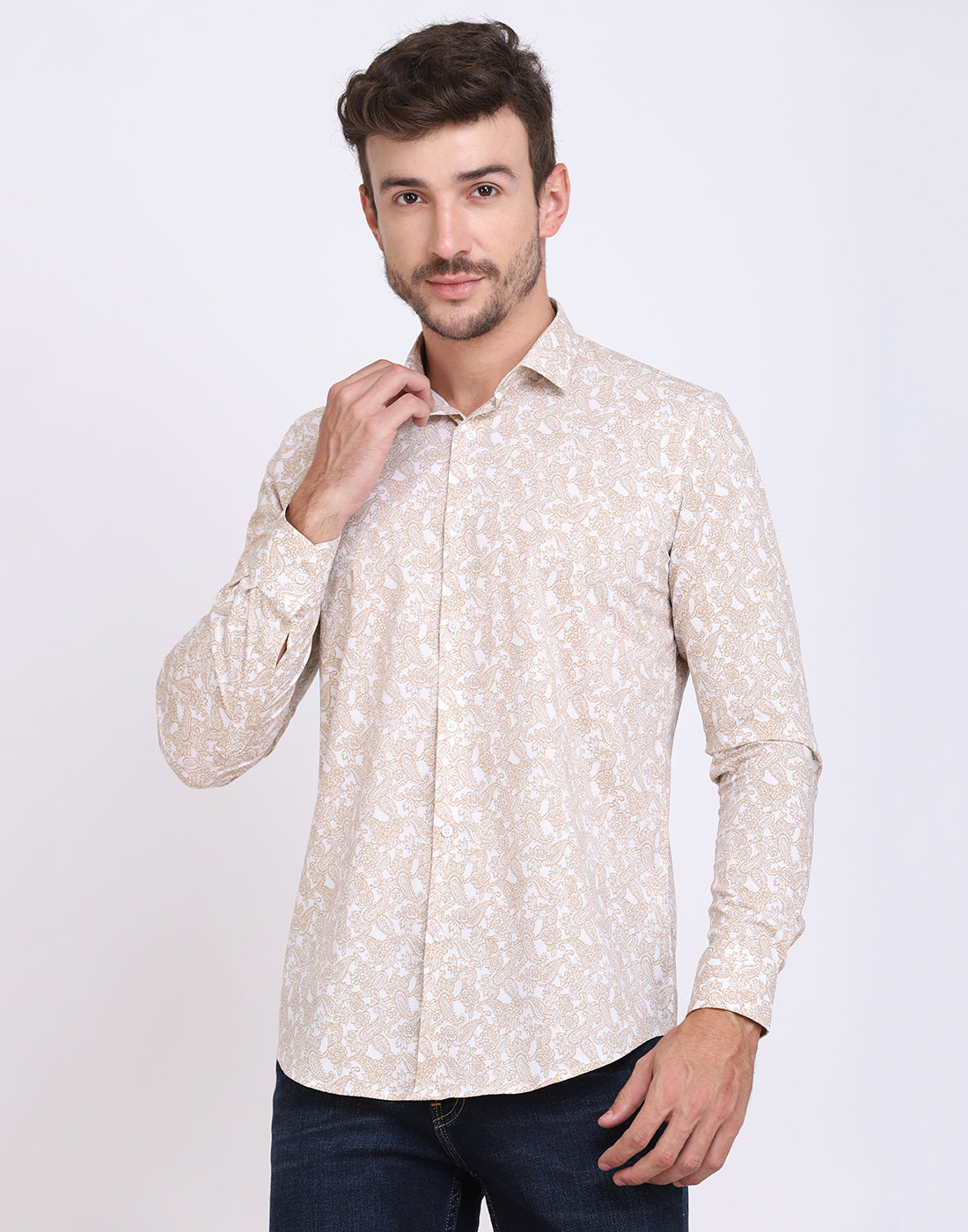 Gold & white ethnic Paisley Print cotton shirt