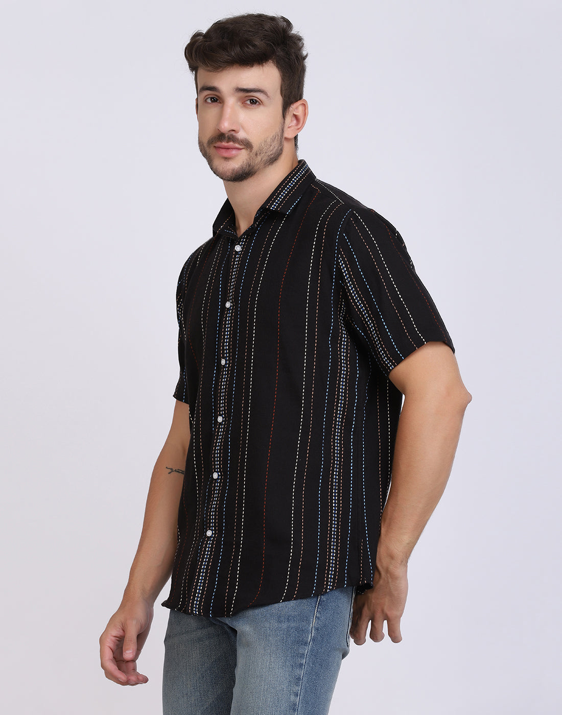 Black Multicolor Novelty Stripe Cotton Shirt