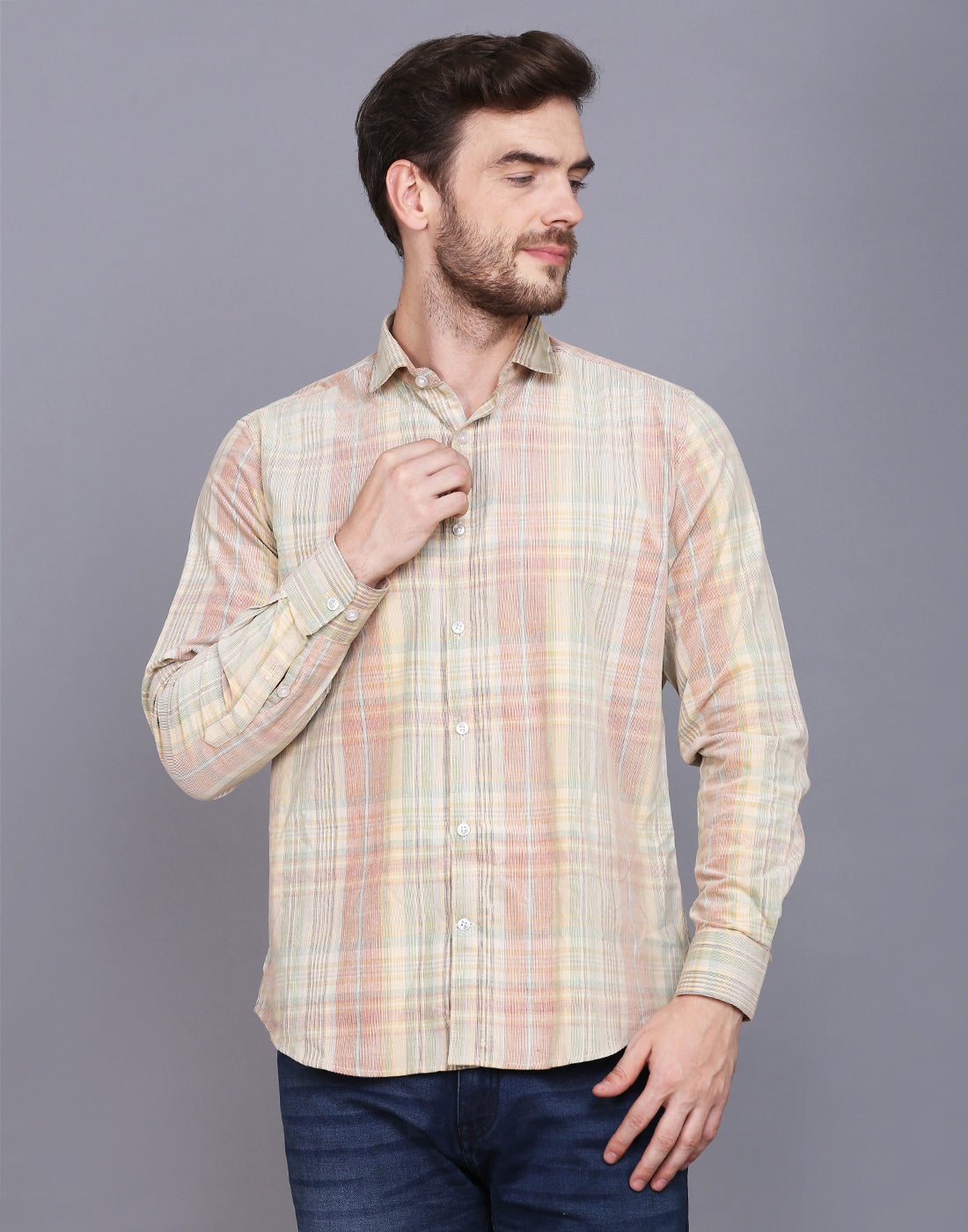 Men Maroon & beige regular fit Corduroy Checkered Casual Shirt