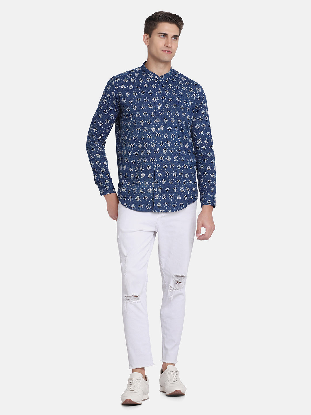 ETHNIC  BLUE DOBBY DITSY  PRINT SHIRT