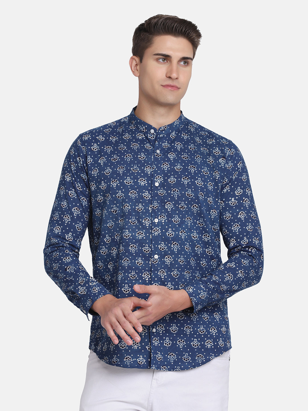 ETHNIC  BLUE DOBBY DITSY  PRINT SHIRT