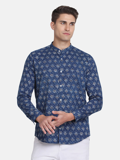 ETHNIC  BLUE DOBBY DITSY  PRINT SHIRT