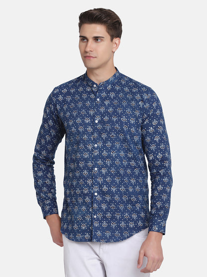 ETHNIC  BLUE DOBBY DITSY  PRINT SHIRT