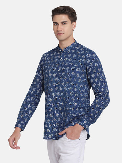 ETHNIC  BLUE DOBBY DITSY  PRINT SHIRT