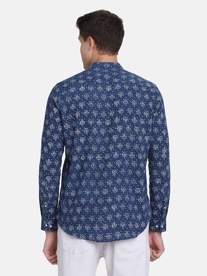 ETHNIC  BLUE DOBBY DITSY  PRINT SHIRT
