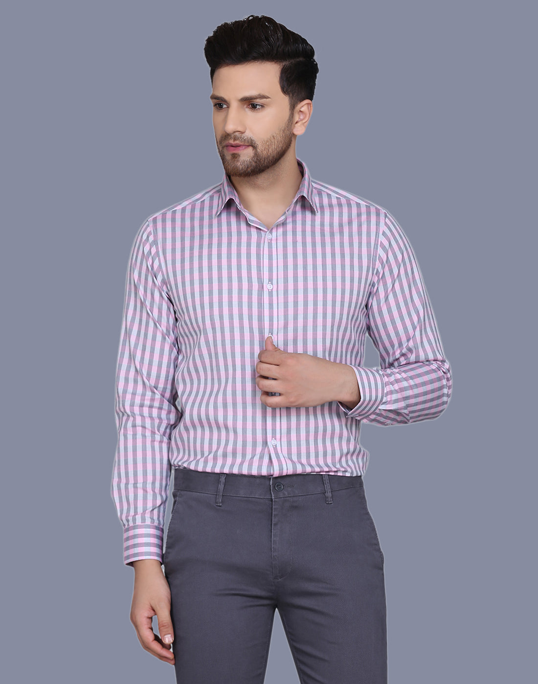 Checkered yarn dyed pink men’s shirt