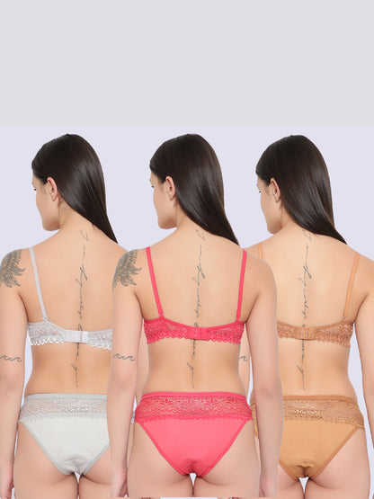 Pack Of 3 Colors Honeymoon Bikini Lingerie Set with Lace Details