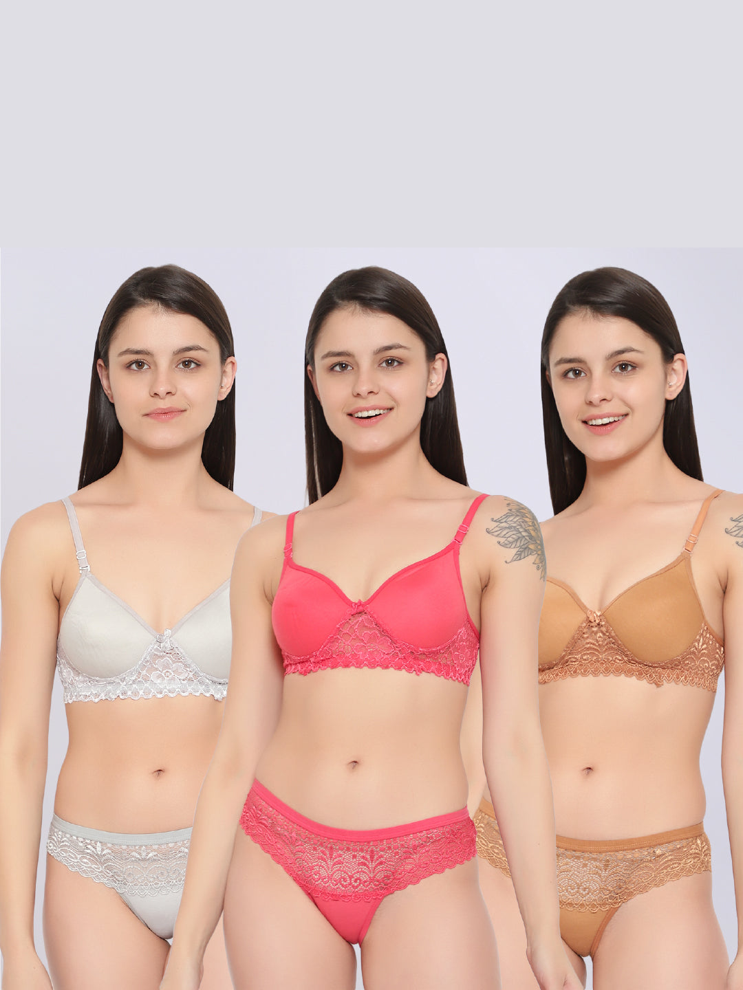 Pack Of 3 Colors Honeymoon Bikini Lingerie Set with Lace Details