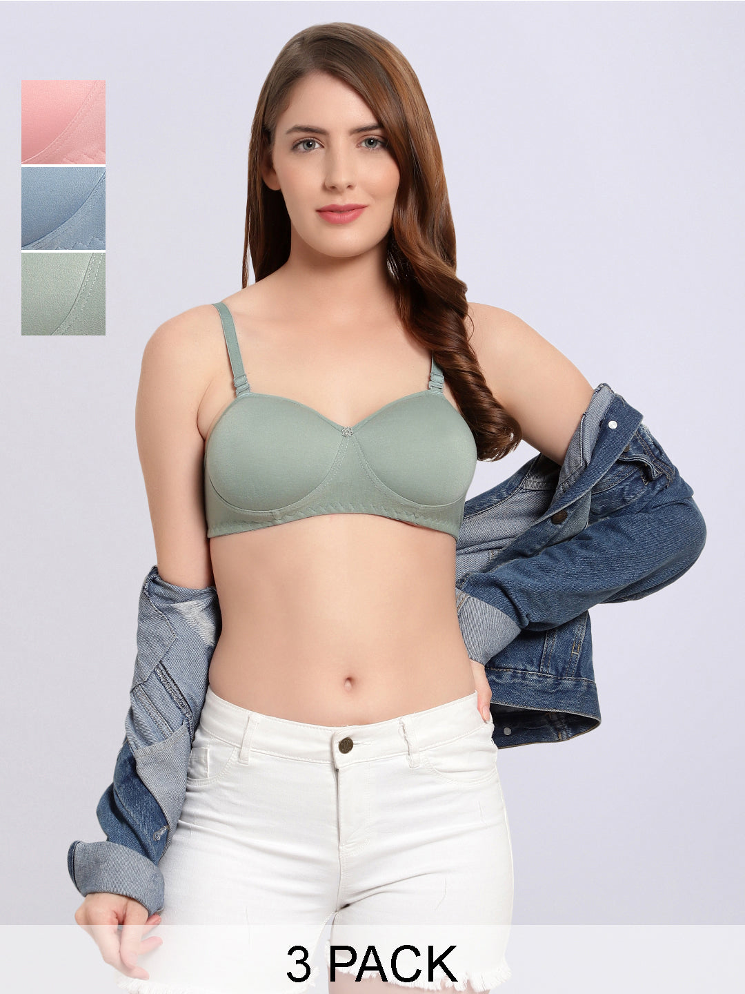 Pack Of 3 Color Padded Non-Wired Half Cup Casual T-Shirt Bra