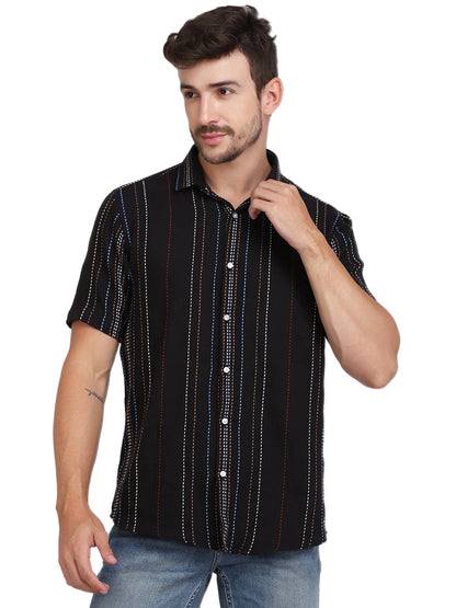 Black Multicolor Novelty Stripe Cotton Shirt