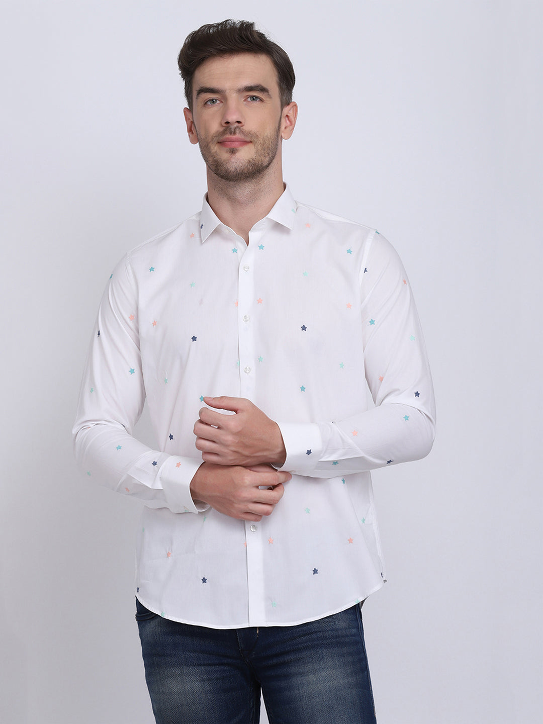 White with Multi Star embroidered Regular Fit  Casual/Party Wear Shirt