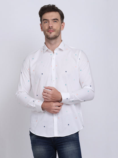 White with Multi Star embroidered Regular Fit  Casual/Party Wear Shirt