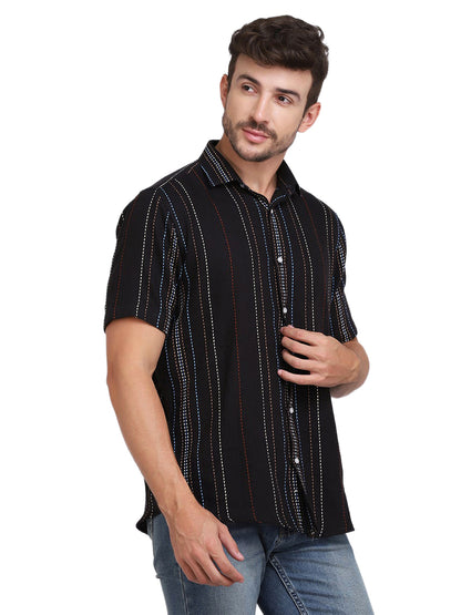 Black Multicolor Novelty Stripe Cotton Shirt