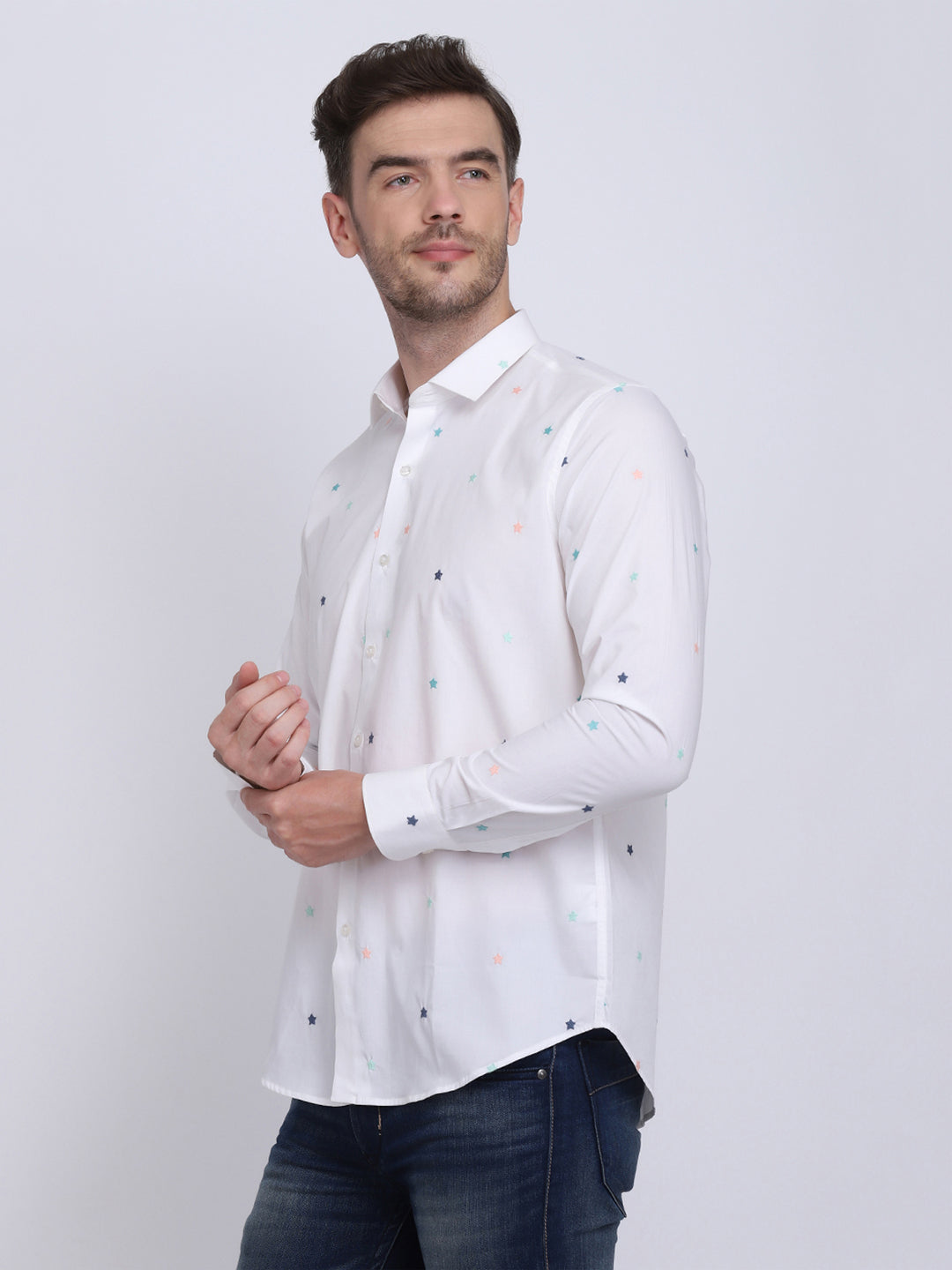 White with Multi Star embroidered Regular Fit  Casual/Party Wear Shirt
