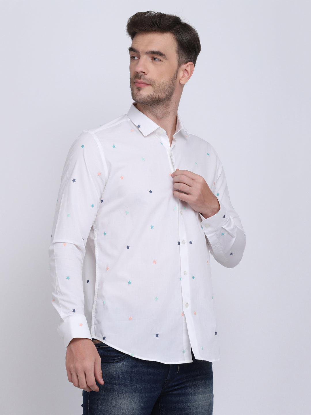 White with Multi Star embroidered Regular Fit  Casual/Party Wear Shirt