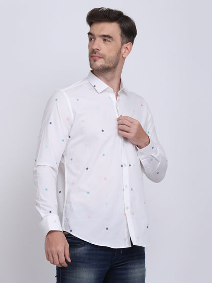 White with Multi Star embroidered Regular Fit  Casual/Party Wear Shirt