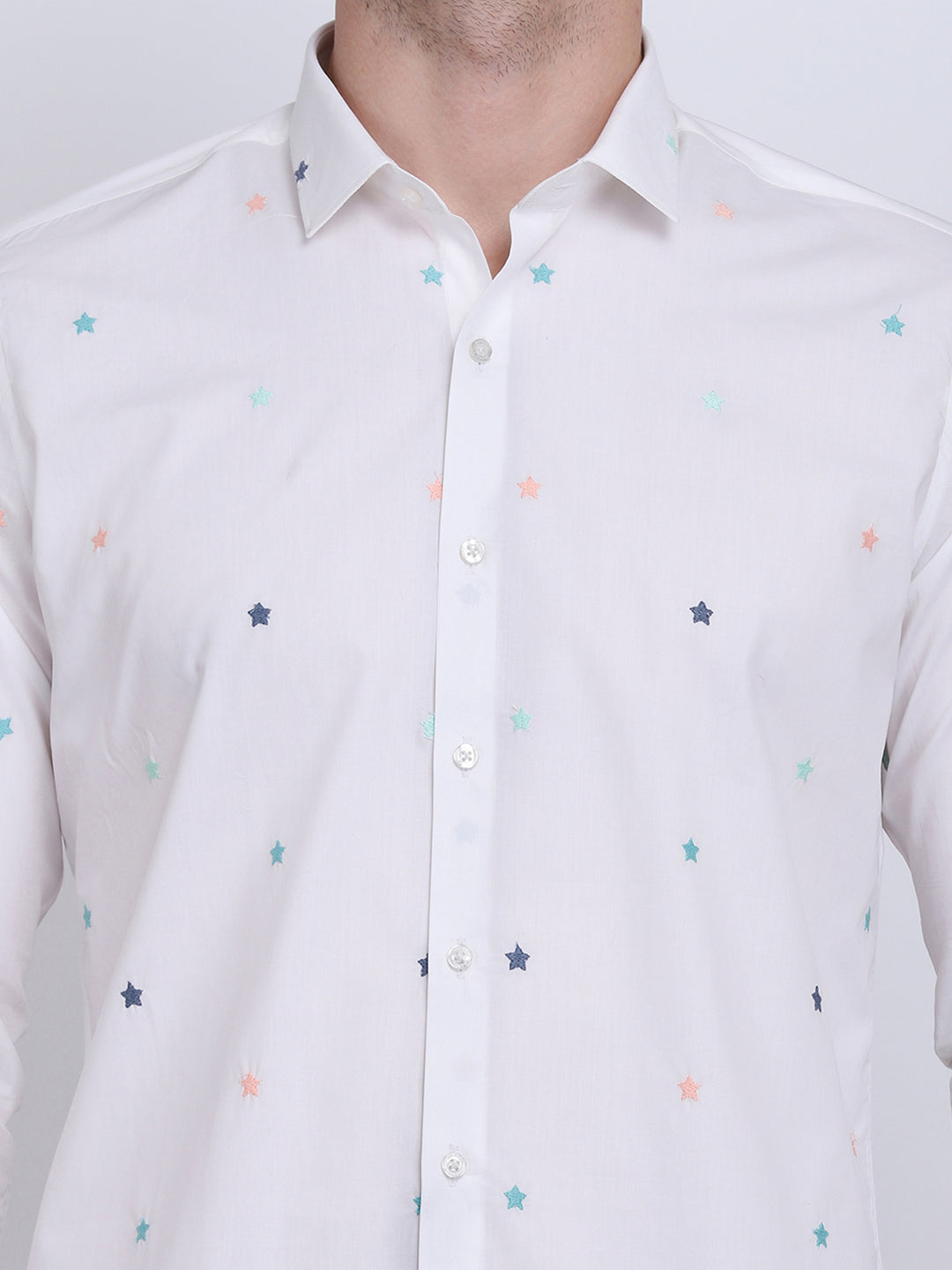 White with Multi Star embroidered Regular Fit  Casual/Party Wear Shirt