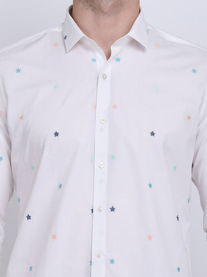 White with Multi Star embroidered Regular Fit  Casual/Party Wear Shirt