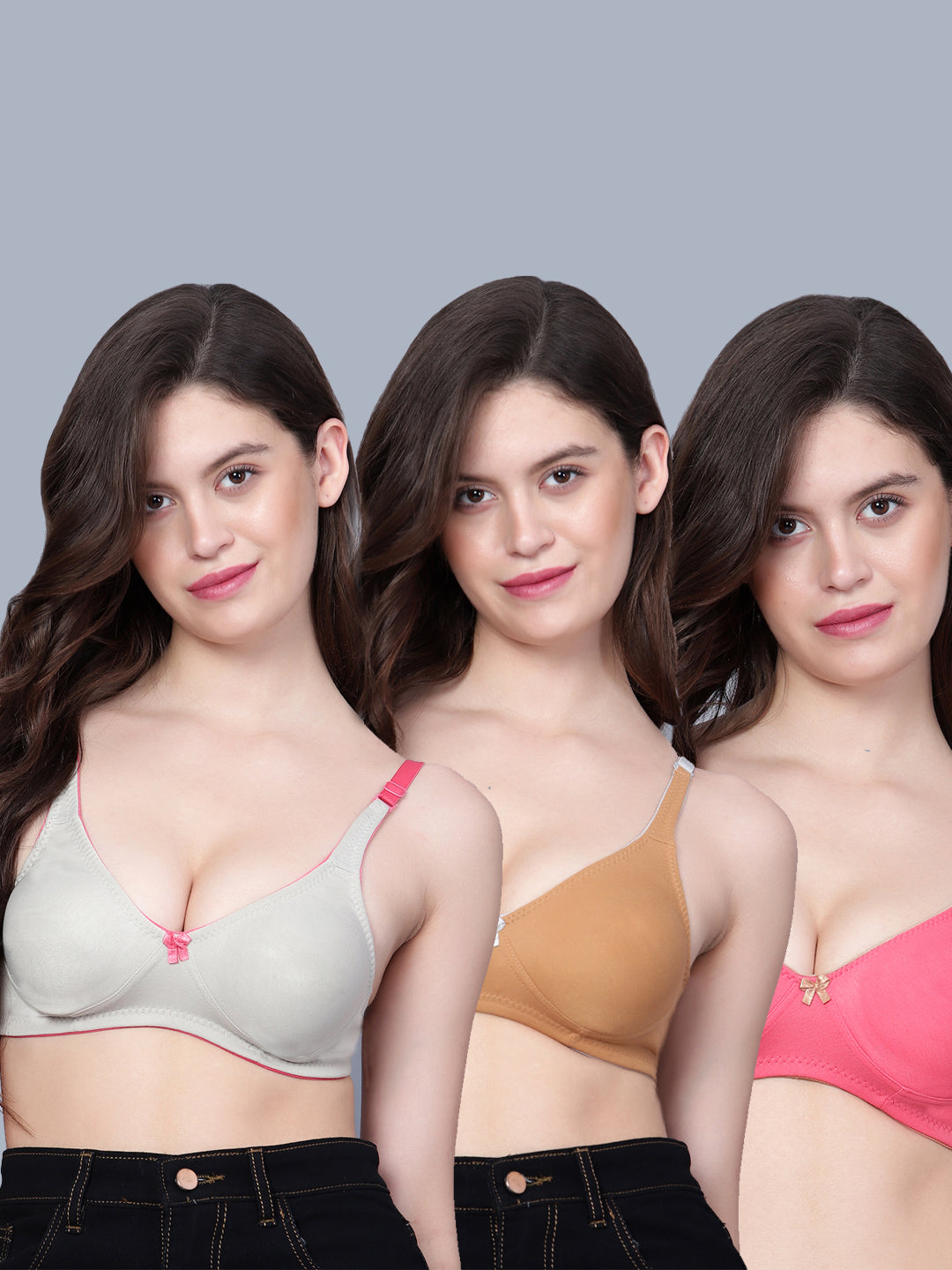 Pack of 3 colors Double Lair  Wirefree Non Padded Cotton Stretch Medium Coverage Contrast Stripe Everyday Bra