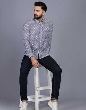 Polka Dot Blue Chambray Dobby Shirt