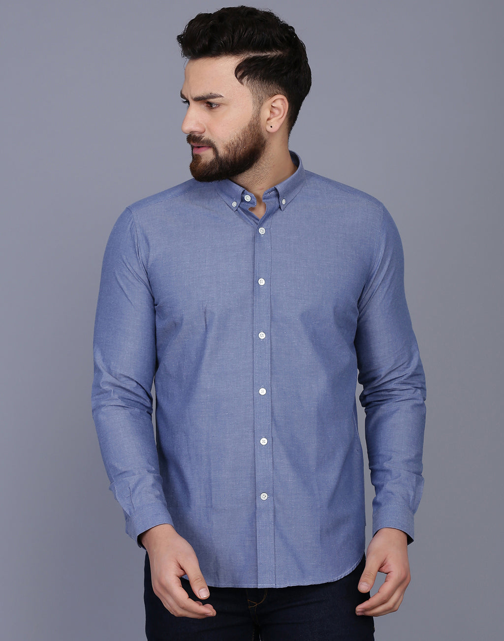 Blue Slim Fit Chambray Solid Formal Shirt