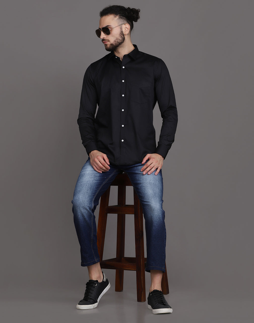 Black Patch Pocket Cotton Satin Men's Shirt