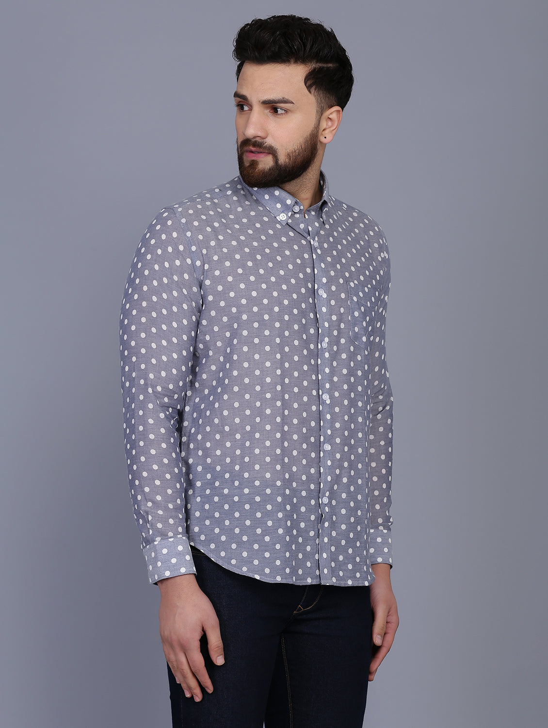 Polka Dot Blue Chambray Dobby Shirt