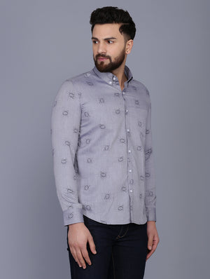 Grey Printed Chambray Formal Shirt