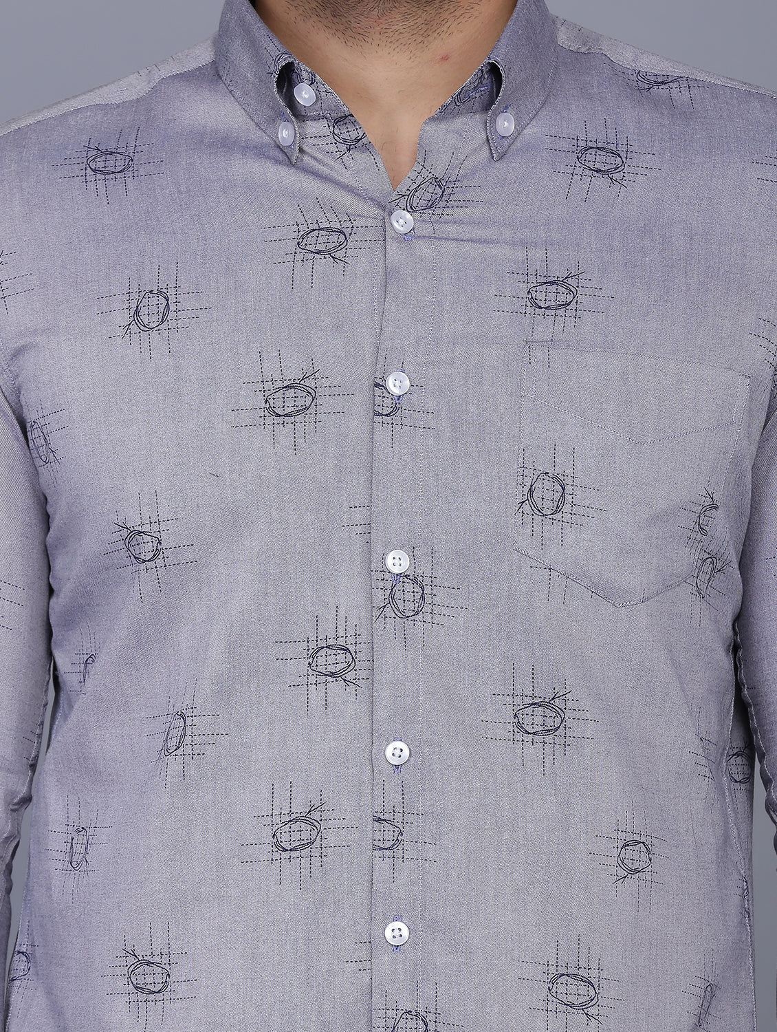 Grey Printed Chambray Formal Shirt