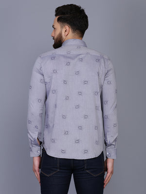 Grey Printed Chambray Formal Shirt