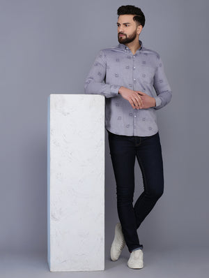 Grey Printed Chambray Formal Shirt