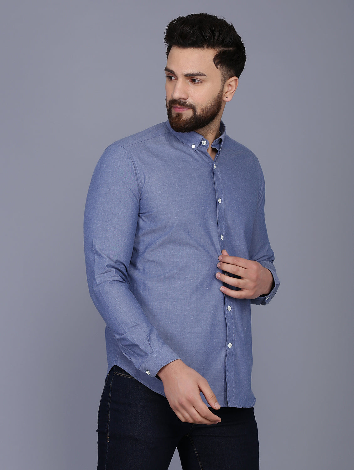 Blue Slim Fit Chambray Solid Formal Shirt