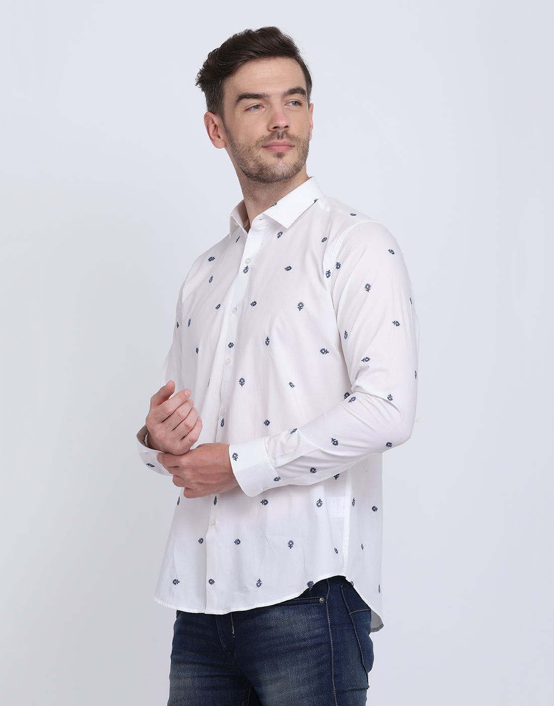 White with Navy Boota  Emb. shirt