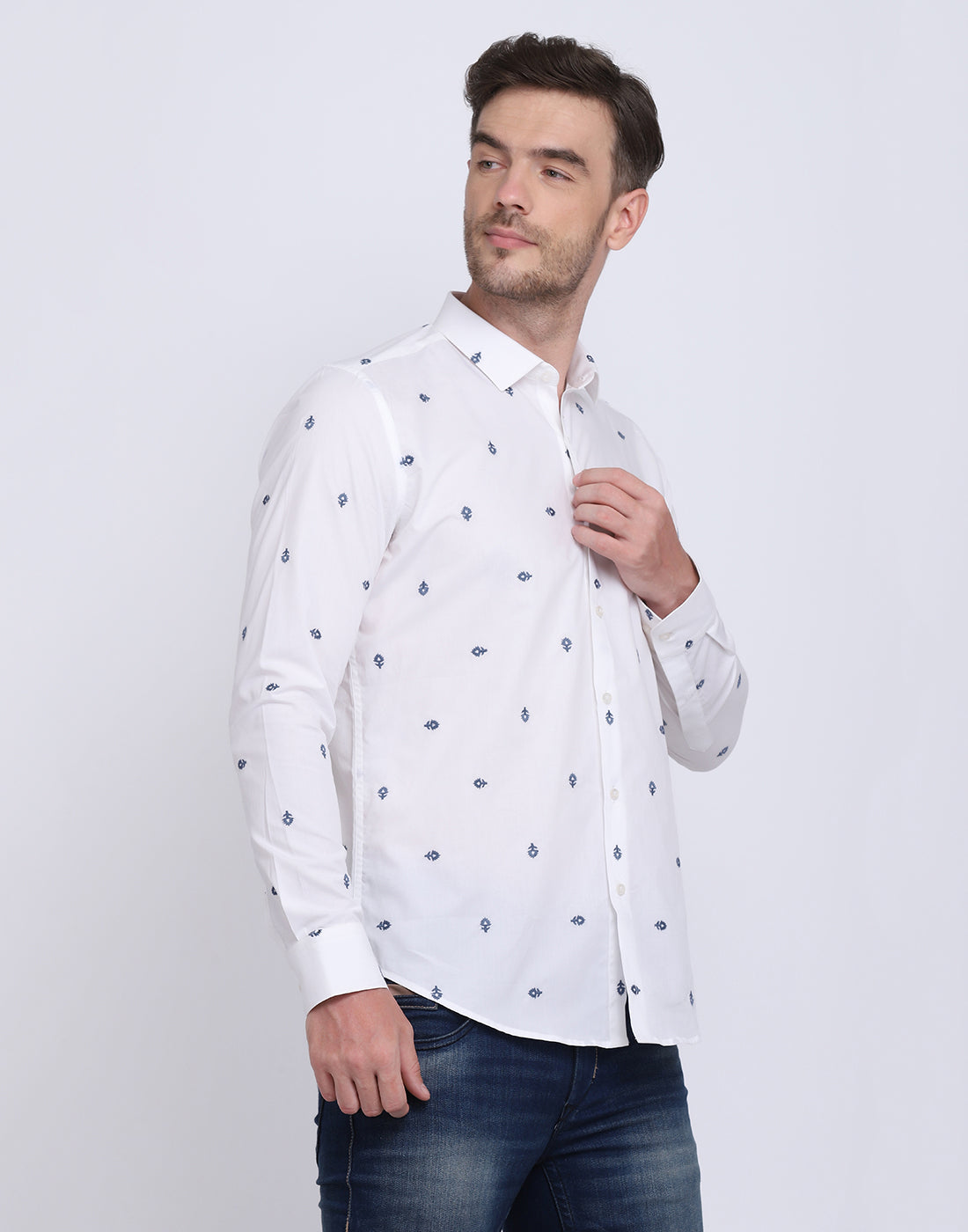 White with Navy Boota  Emb. shirt