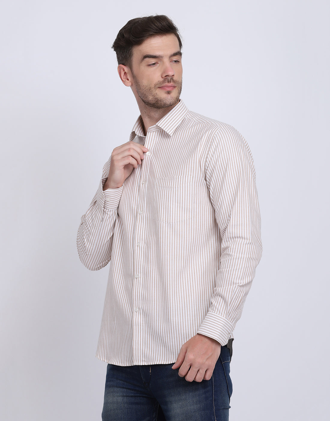 Cotton oxford Casual camel & white striped Shirt