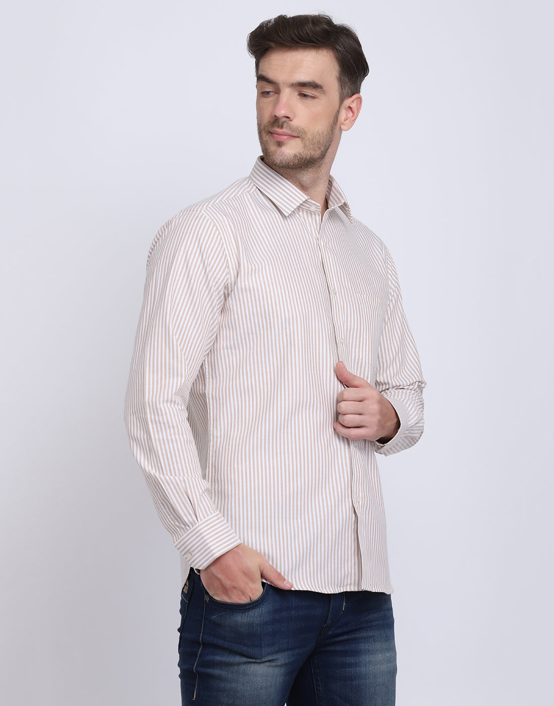 Cotton oxford Casual camel & white striped Shirt