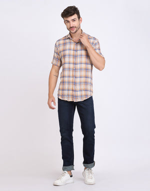 Beige Checkered Seersucker slim fit shirt