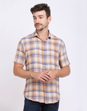 Beige Checkered Seersucker slim fit shirt