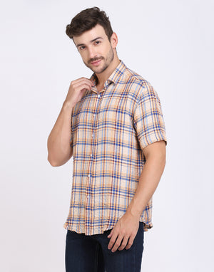 Beige Checkered Seersucker slim fit shirt