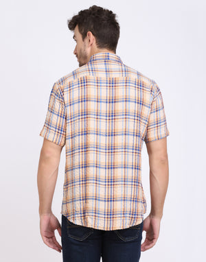 Beige Checkered Seersucker slim fit shirt