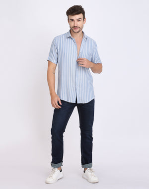 Blue & white vertical Striped Rayon shirt