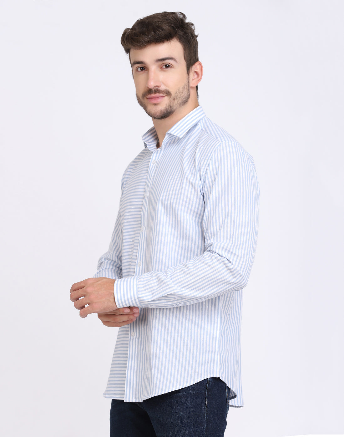 White & blue striped Cotton silver Lurex men’s shirt