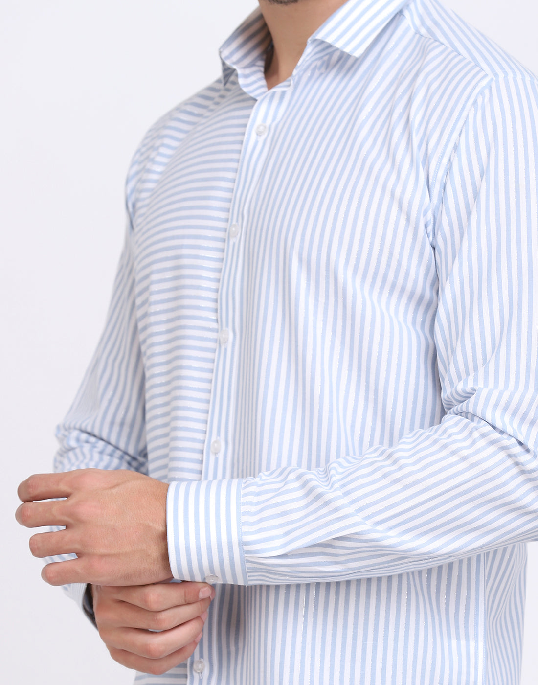 White & blue striped Cotton silver Lurex men’s shirt