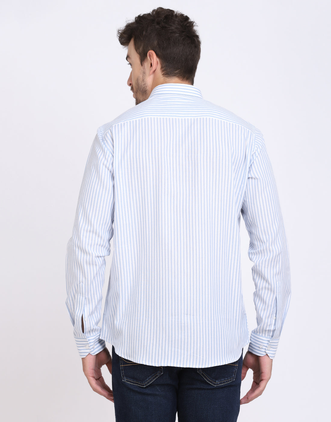 White & blue striped Cotton silver Lurex men’s shirt