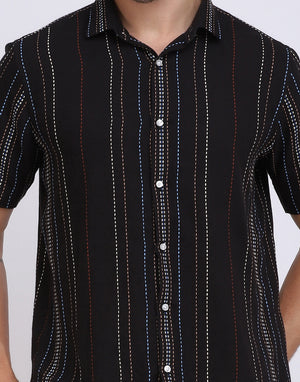 Black Multicolor Novelty Stripe Cotton Shirt