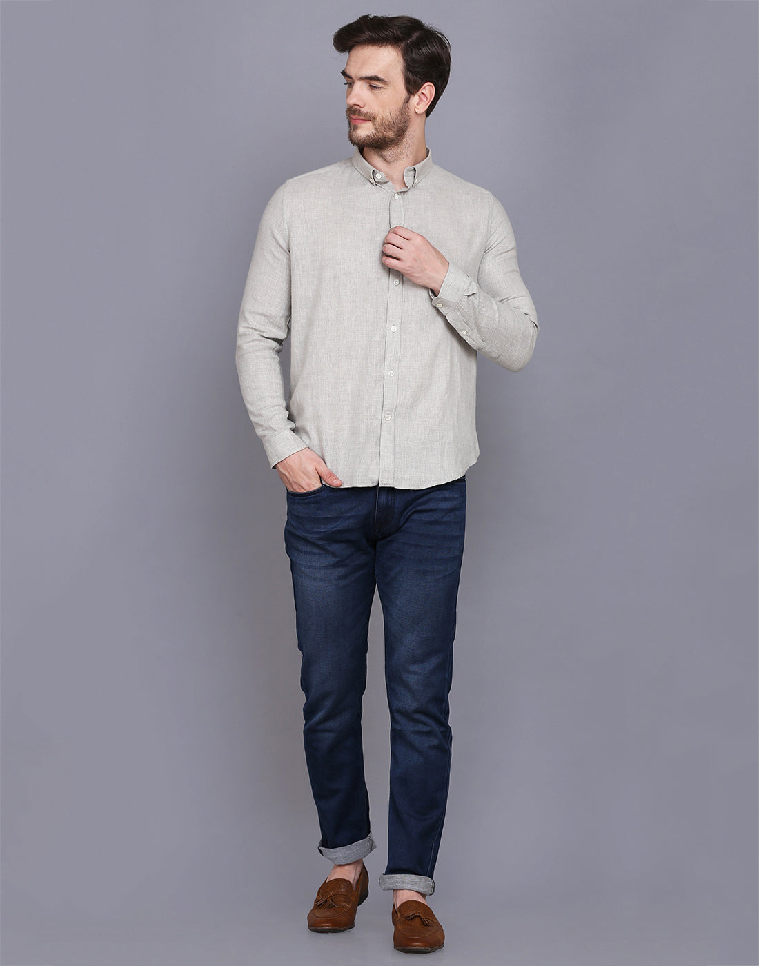 Men Grey Chambray Solid Formal Shirt